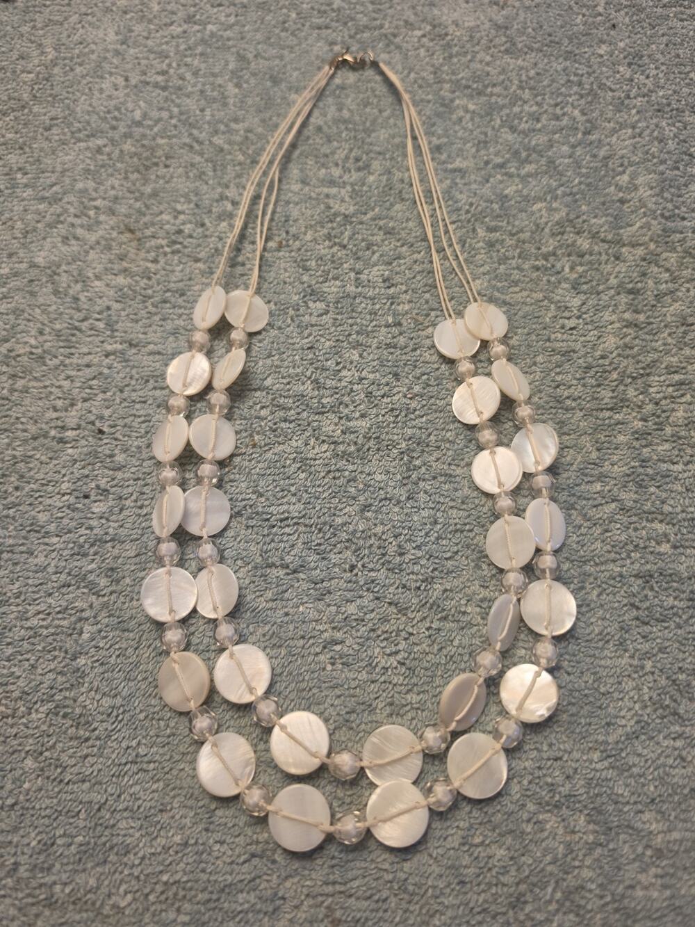 Vintage Mother of Pearl Coin Bead Necklace Multi Strand White Shell Disc 2 Layer